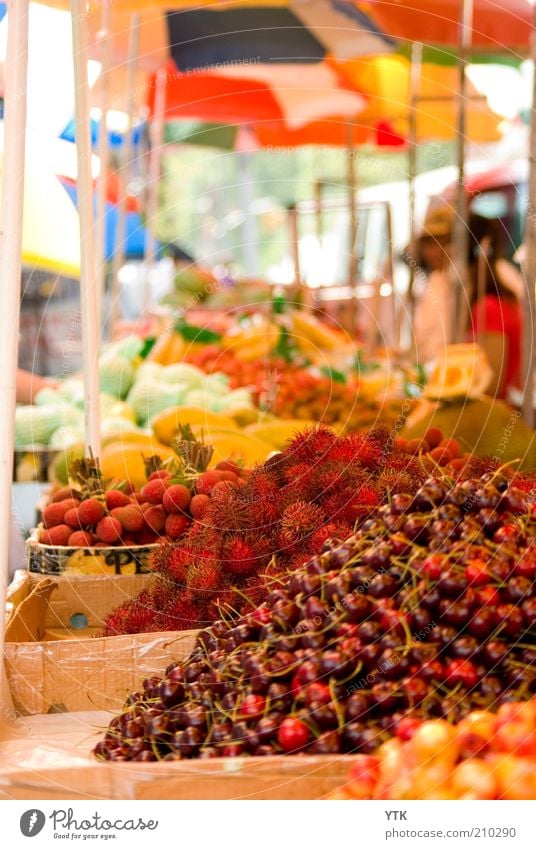 Chinese Fruit Market II Pflanze Nutzpflanze exotisch Duft rot Farbe Frucht Kirsche stachelig Schirm Unschärfe Buden u. Stände fruchtig frisch Markt Vielfältig