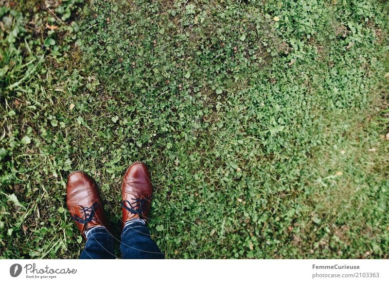 Love is in the air (35) Mode ästhetisch Lederschuhe Jeansstoff Schuhbänder braun blau Wiese Rasen Vogelperspektive Schnürer Schuhe Strümpfe gestreift Garten