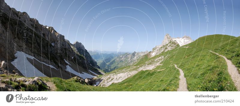 hoch erhoben Natur Wolkenloser Himmel Sommer Berge u. Gebirge Alpstein Alpen Berg Säntis Kurfirsten Fußweg Freiheit Tal Schneefeld Felsen Bergwiese Farbfoto