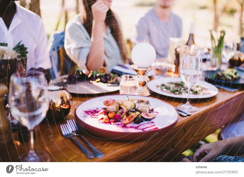 Gruppe von Personen, die Lebensmittel und Wein am Restaurant genießt Essen Mittagessen Abendessen Teller Gabel Lifestyle Glück Freizeit & Hobby Sommer Garten