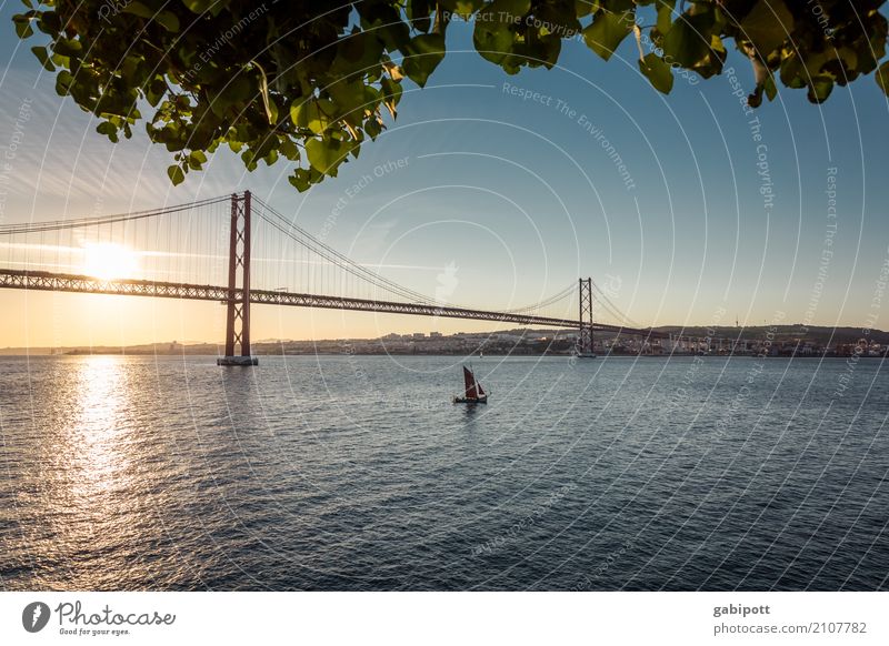 am Fluss Wasser Himmel Klima Schönes Wetter Flussufer Tejo Tejo-Brücke Lissabon Portugal Bauwerk Sehenswürdigkeit Wahrzeichen Wärme Farbe