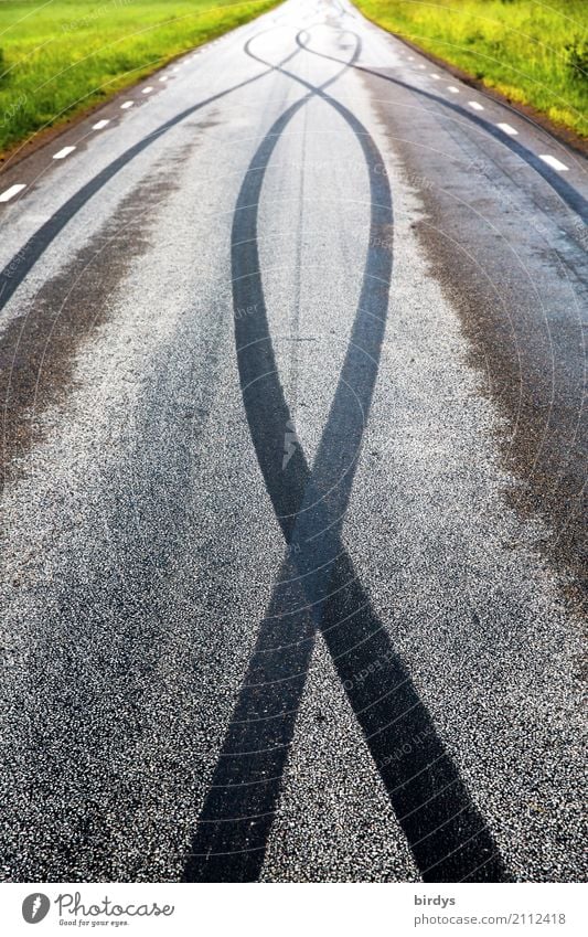 Fahrkunst Freizeit & Hobby Wiese Verkehr Verkehrswege Straßenverkehr Autofahren Reifenspuren Beschleunigung Landstraße Linie Aggression ästhetisch