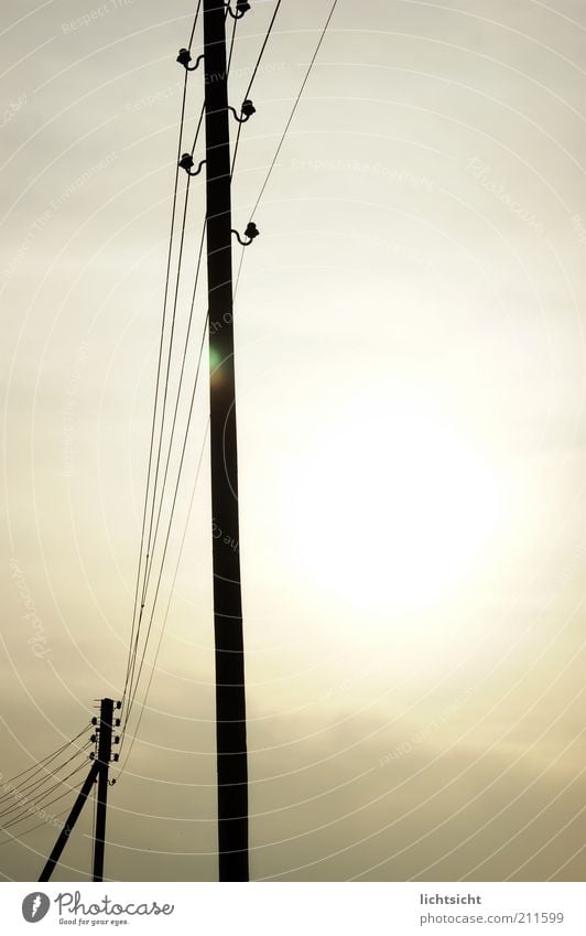 Freileitungsmast im Gegenlicht Telekommunikation Sonnenenergie Himmel Sonnenlicht Wetter Zukunft Telefonmast Oberleitung Leitung Strommast Elektrizität Farbfoto