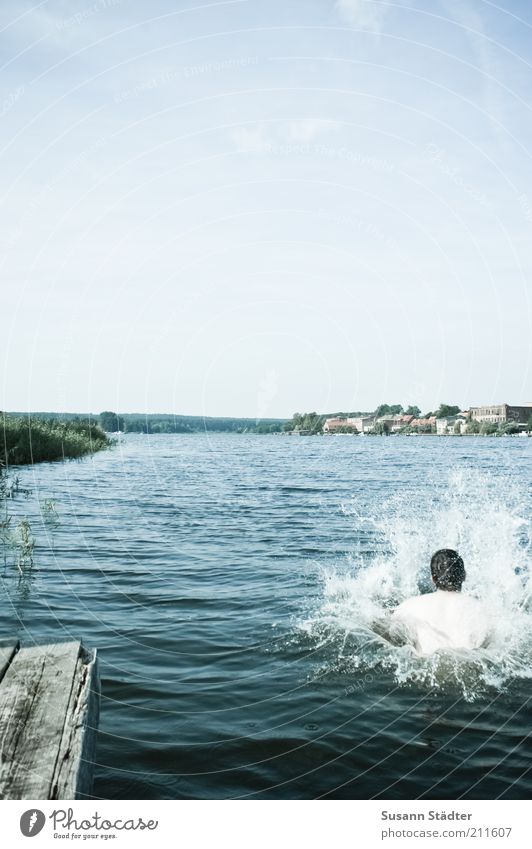 Arschbombe Mensch maskulin Mann Erwachsene Kopf Umwelt Natur Wasser Wassertropfen Sommer Wellen Seeufer springen arschbombe spritzen nass Steg