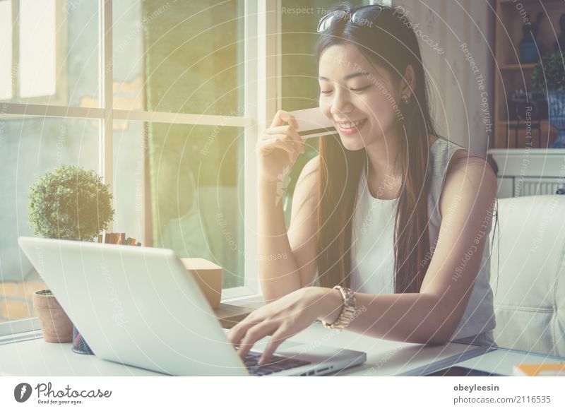 Glückliche junge asiatische Frau, die das on-line-Einkaufen tut Erholung Haus Sofa Geldinstitut Computer Notebook Technik & Technologie Internet Erwachsene Buch