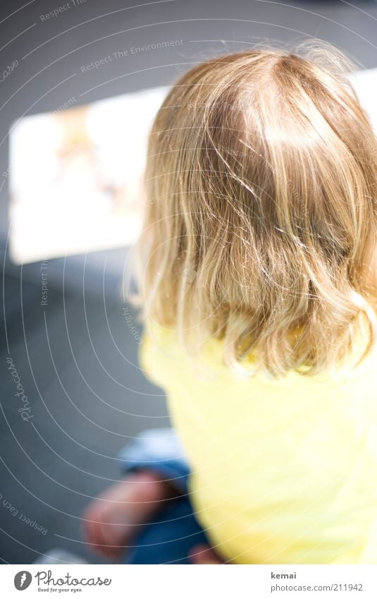 Buch anschauen Freizeit & Hobby Spielen Häusliches Leben Mensch Kind Kleinkind Mädchen Kindheit Kopf Haare & Frisuren Rücken 1 1-3 Jahre hell gelb sitzen Locken