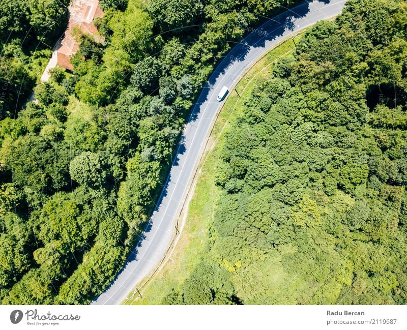 Vogelperspektive der Straße durch Karpaten-Gebirgswald laufend Ferien & Urlaub & Reisen Sommer Berge u. Gebirge Umwelt Natur Landschaft Erde Baum Wald Verkehr