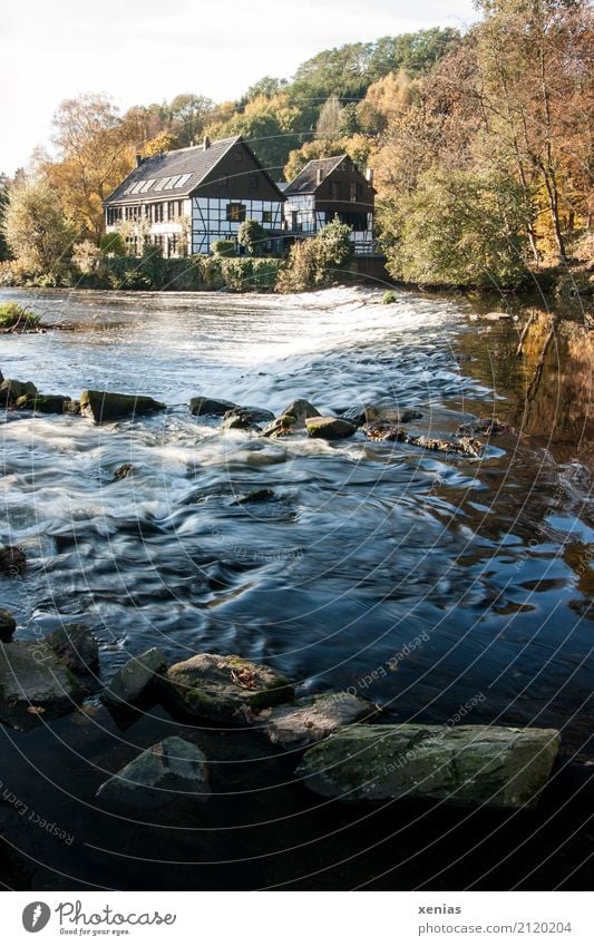 Wipperkotten im Bergischen Land Tourismus Ausflug Wasserkraftwerk Museum Herbst Wellen Flussufer Bach Solingen Haus Fachwerkhaus Schleifkotten Denkmal