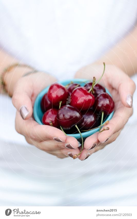 Kirschen Hand Schalen & Schüsseln türkis rot festhalten Finger Sommer Gesunde Ernährung Speise Essen Foodfotografie Gesundheit Frucht grün weiß Nagel Nagellack