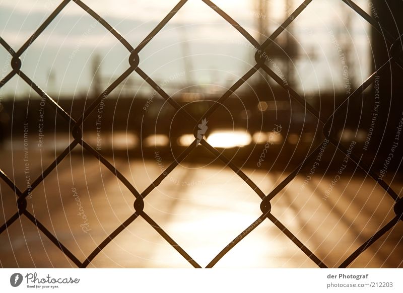 Behind borders Hafen Zaun Barriere Farbfoto Außenaufnahme Nahaufnahme Menschenleer Dämmerung Sonnenlicht Unschärfe Maschendrahtzaun bräunlich Grenze Tag