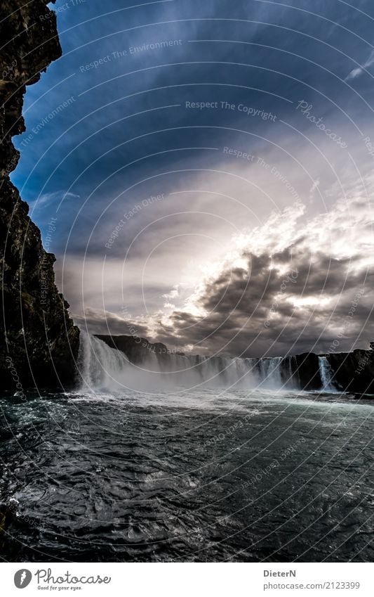 Godafoss III Umwelt Natur Landschaft Wasser Himmel Wolken Wetter Felsen Schlucht Wellen Flussufer Wasserfall blau braun weiß Island Sonne Sonnenuntergang