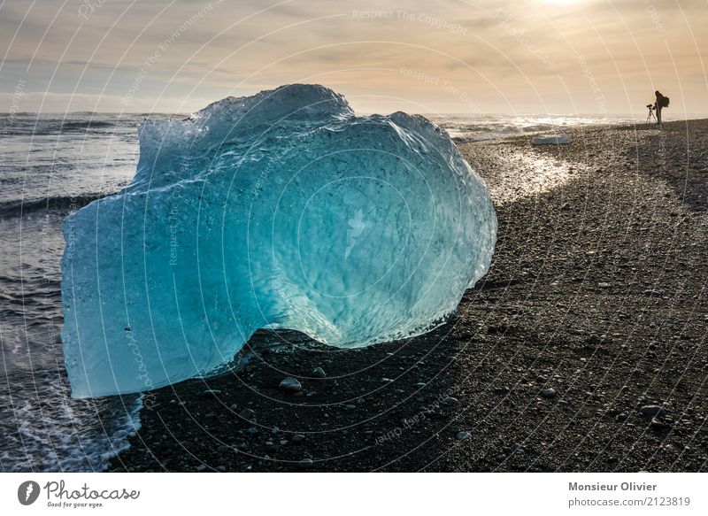 Diamond Beach, Jökulsárlón Glacier Lagoon, Iceland Umwelt Natur Landschaft Sonnenaufgang Sonnenuntergang Klima Eis Frost Wellen Küste Strand blau gelb gold