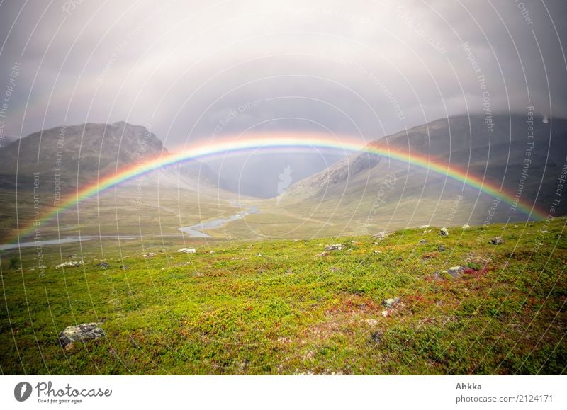 Buntes Tor harmonisch ruhig Meditation Abenteuer Landschaft Urelemente Horizont schlechtes Wetter Regen Berge u. Gebirge Tal Schweden Regenbogen Stimmung