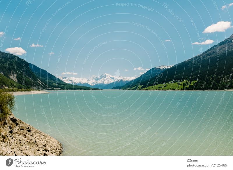 Reschensee Umwelt Natur Landschaft Himmel Sommer Schönes Wetter Alpen Berge u. Gebirge Schneebedeckte Gipfel Seeufer Ferne nachhaltig natürlich blau grün ruhig