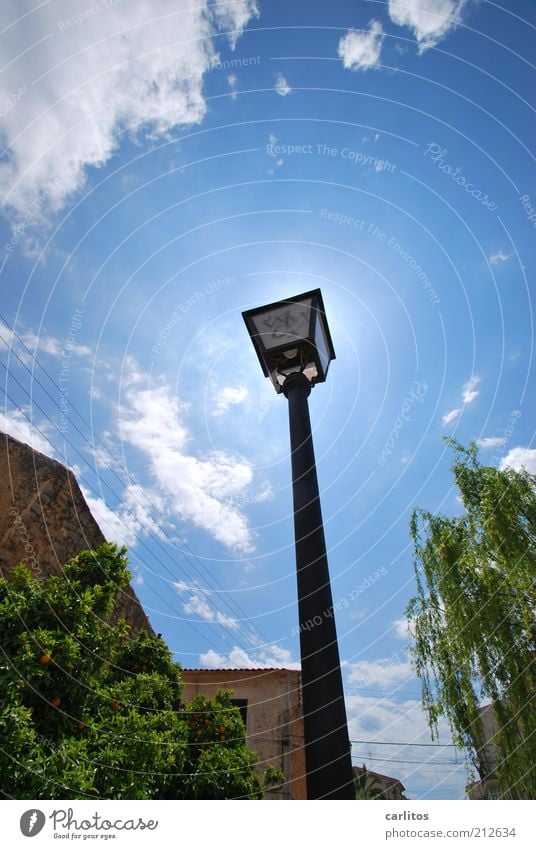 Motiv zu mittig Himmel Wolken Sonne Sommer Schönes Wetter Kleinstadt Haus Gebäude glänzend leuchten ästhetisch dünn lang Wärme blau schwarz standhaft Einsamkeit