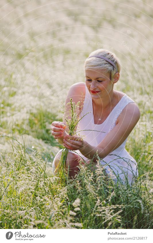 #A# draußen Kunst ästhetisch Frau Feld grün blond Wiese Junge Frau Gras Gräserblüte pflücken Ernte Blick Außenaufnahme Farbfoto Experiment abstrakt Menschenleer