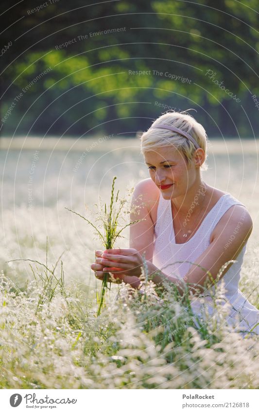 #A# Weites Feld Kunst ästhetisch Gras Wiese Kleid Wiesenblume lachen blond Garten Park hocken hockend ansammeln pflücken Farbfoto Gedeckte Farben Außenaufnahme