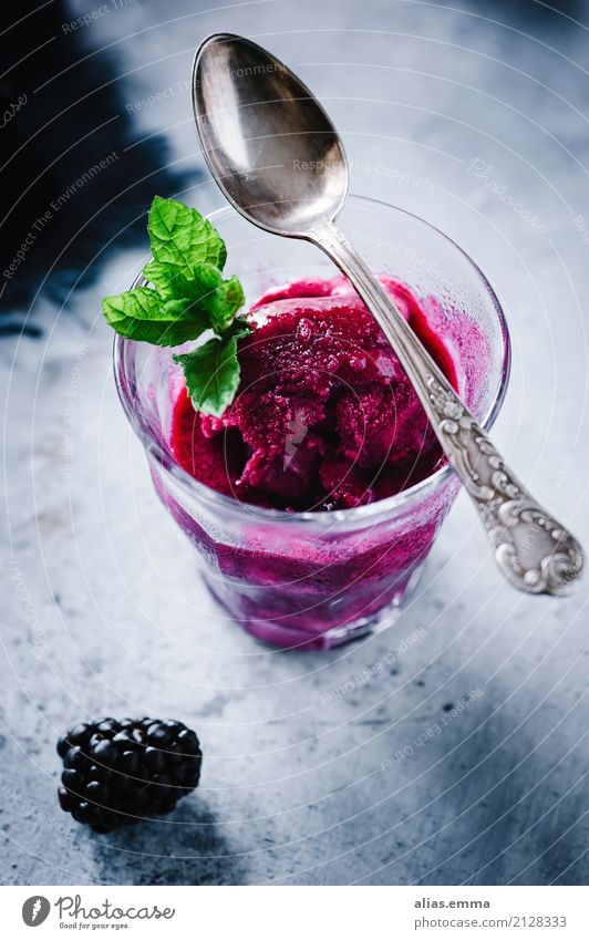 Brombeer-Sorbet im Glas Speiseeis Brombeeren fruchtsorbet Gesunde Ernährung Essen Foodfotografie süß Dessert homemade kalt gefroren violett Frucht Beeren Sommer