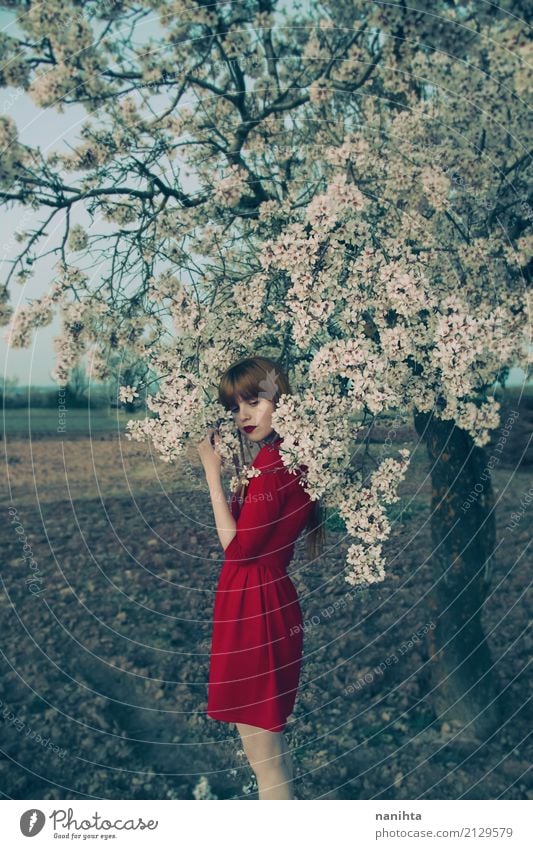 Junge Frau mit dem roten Kleid, das nahe einem blühenden Baum aufwirft elegant Stil harmonisch Sinnesorgane Erholung ruhig Duft Mensch feminin Jugendliche 1