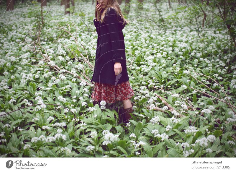 gretel feminin 1 Mensch Natur Pflanze Bärlauch Mantel blond langhaarig Denken entdecken natürlich trist wild grün Neugier Einsamkeit Angst Verzweiflung