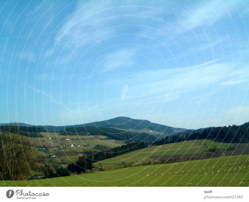 Bergland grün Wolken Wald Baum Dorf Haus Berge u. Gebirge Landschaft Blauer Himmel