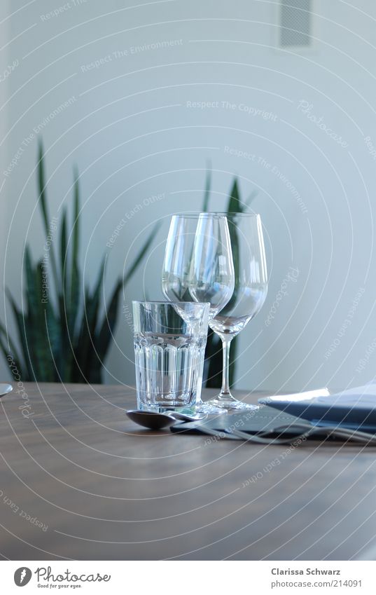 Gedeckter Tisch Ernährung Mittagessen Abendessen Geschäftsessen Trinkwasser Wein Geschirr Teller Glas Besteck elegant modern reich braun Zusammensein Reichtum