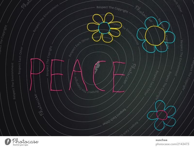 peace Frieden friedlichkeit Hippie motto Siebziger Jahre friedensbewegung Blume Buchstaben Wort Großbuchstabe Wolle wollfaden mehrfarbig Hintergrund neutral