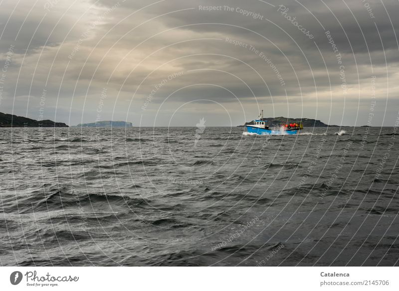 Bojen einsammeln, Fischkutter auf dem Meer Natur Landschaft Wasser Himmel Wolken Horizont Sommer schlechtes Wetter Wellen Küste Atlantik Fischerboot Motorboot