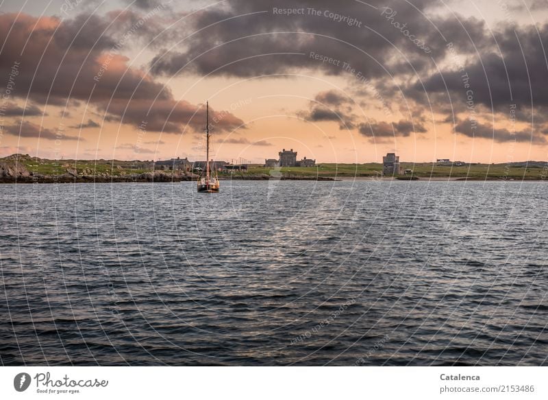 Morgenstund auf dem Meer ankern Segeln Natur Landschaft Wasser Himmel Wolken Sommer Schönes Wetter Gras Wellen Küste Atlantik Bauwerk Burg oder Schloss Jacht