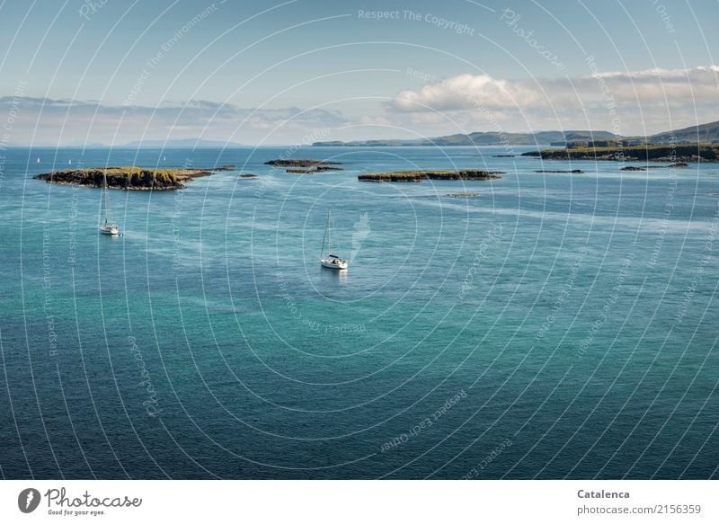 Friedvoll anken die Segelyachten im türkisblauem Wasser der Bucht Ferien & Urlaub & Reisen Sommer Meer Insel Segeln Landschaft Himmel Wolken Horizont