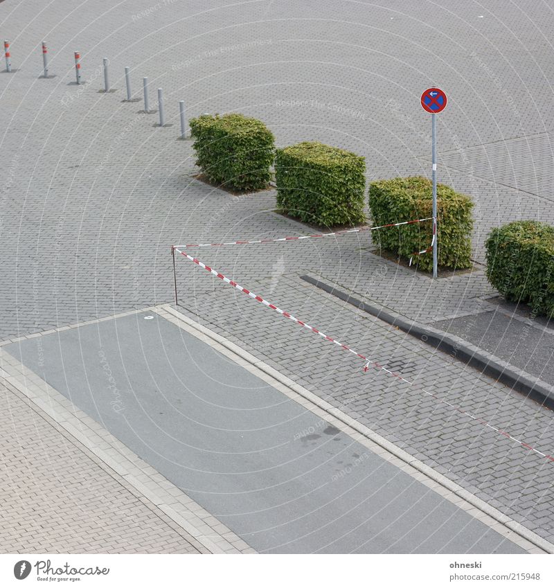 Parkprobleme Sträucher Hecke Verkehr Straße Wege & Pfade Verkehrszeichen Verkehrsschild Parkverbot Ordnung Säule Barriere Farbfoto Gedeckte Farben Außenaufnahme