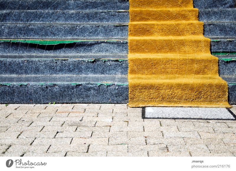 Auf gehts Karriere Treppe kaputt blau Verfall orange Teppich aufsteigen Farbfoto Außenaufnahme Menschenleer Auslegware Abstieg schäbig Stolperfalle verfallen