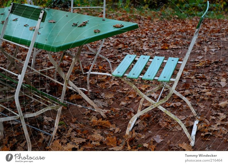 Nachsaison Tourismus Garten Möbel Stuhl Tisch Restaurant Gastronomie Herbst schlechtes Wetter Blatt Idylle Verfall Vergangenheit Wandel & Veränderung Biergarten