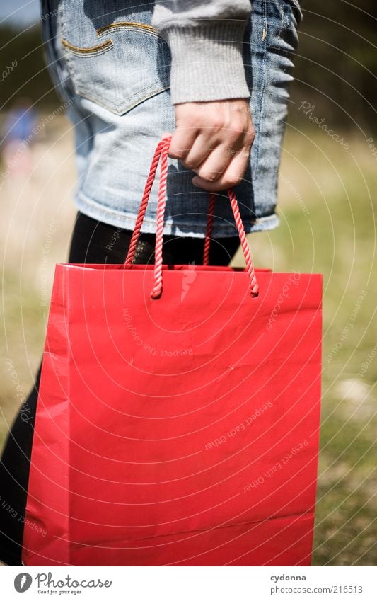 Shopping Lifestyle Stil Freude Leben Wohlgefühl Freizeit & Hobby Mensch Frau Erwachsene Hand Überraschung Wert Tüte Einkaufstasche Beutel tragen rot Geschenk