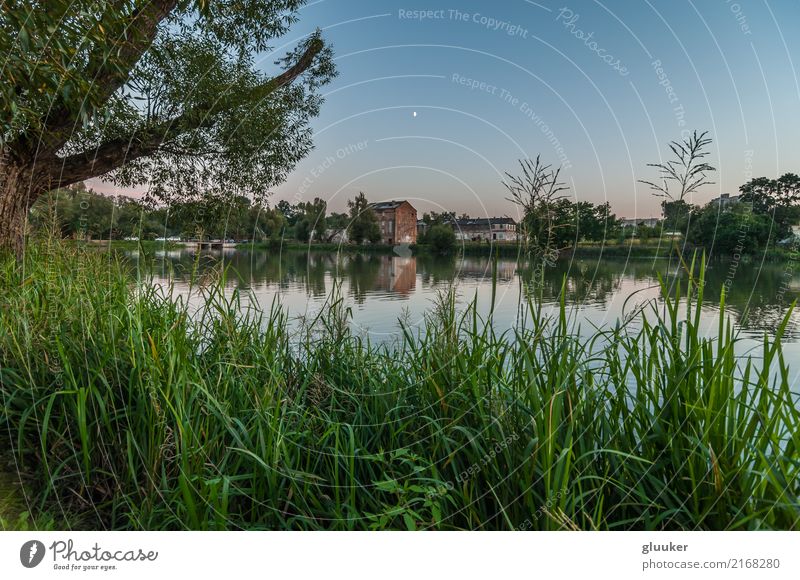 abendliche Landschaft. Blick von der Küste schön Spiegel Natur Himmel Baum Gras Sträucher Park Teich See Fluss Gebäude alt nass Aussicht Wasser sanft