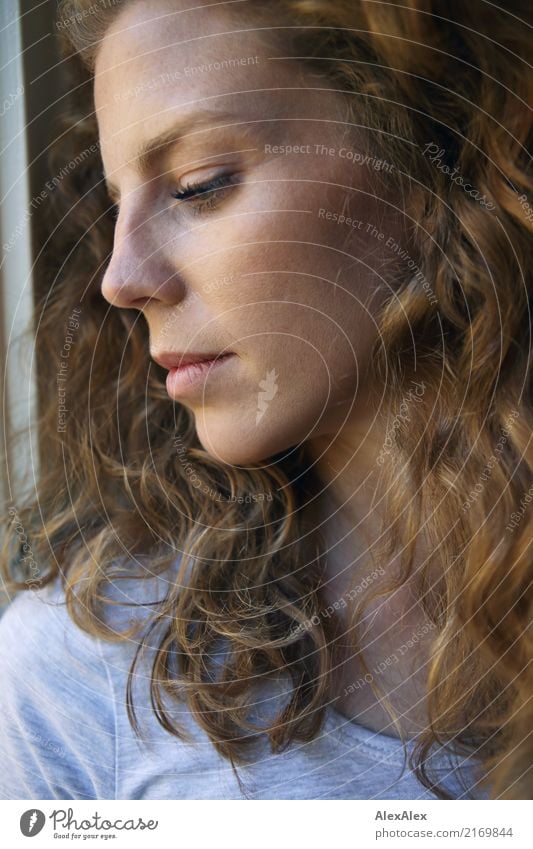 nahes, seitliches Portrait einer rothaarigen Frau mit Locken und Sommersprossen elegant schön Gesicht Sinnesorgane Junge Frau Jugendliche Kopf Haare & Frisuren