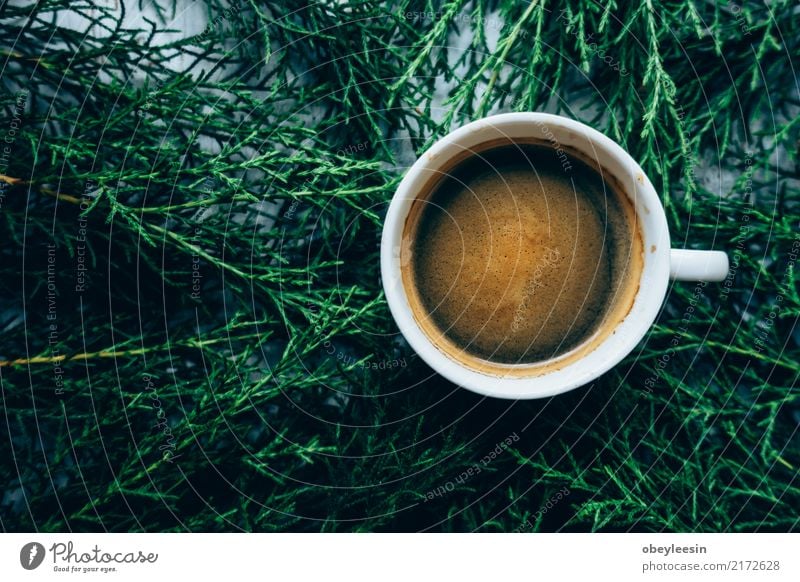 Tasse Kaffee für Morgen, Draufsicht Frühstück Getränk Espresso Löffel kaufen Leben Tisch Küche Stoff Holz alt dunkel heiß natürlich braun schwarz aromatisch