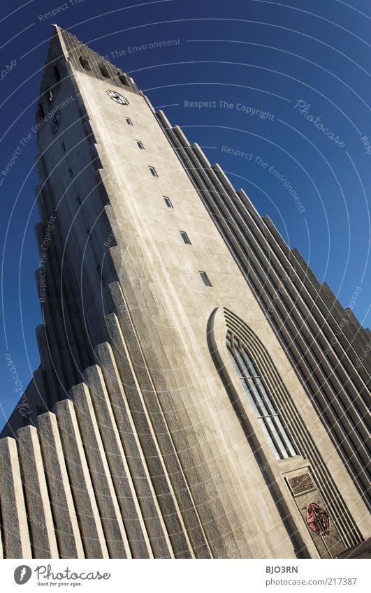 Das Licht machts | Iceland Himmel Wolkenloser Himmel Schönes Wetter Hauptstadt Kirche Architektur Sehenswürdigkeit Stein Beton modern blau Religion & Glaube