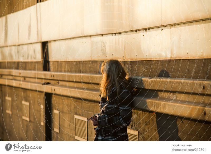 IN GEDANKEN Gedanke Denken nachdenklich Frau Fluchtpunkt Sonnenuntergang Sonnenlicht orange gelb Traurigkeit verträumt träumen Farbfoto Textfreiraum oben Wärme