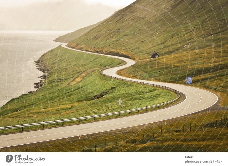 Inselrundfahrt Natur Landschaft Nebel Wiese Hügel Felsen Berge u. Gebirge Küste Bucht Fjord Straße Ziel Føroyar Kurve Fahrbahn Linie schwungvoll Farbfoto