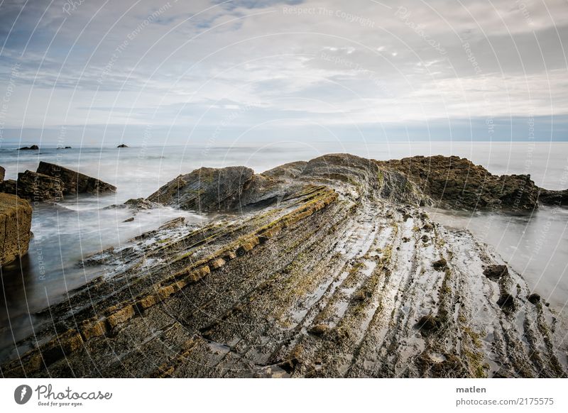 Ebbe Natur Landschaft Luft Himmel Wolken Horizont Sommer Wetter Felsen Küste Strand Meer Menschenleer maritim natürlich Spitze blau braun gelb weiß Bizkaya