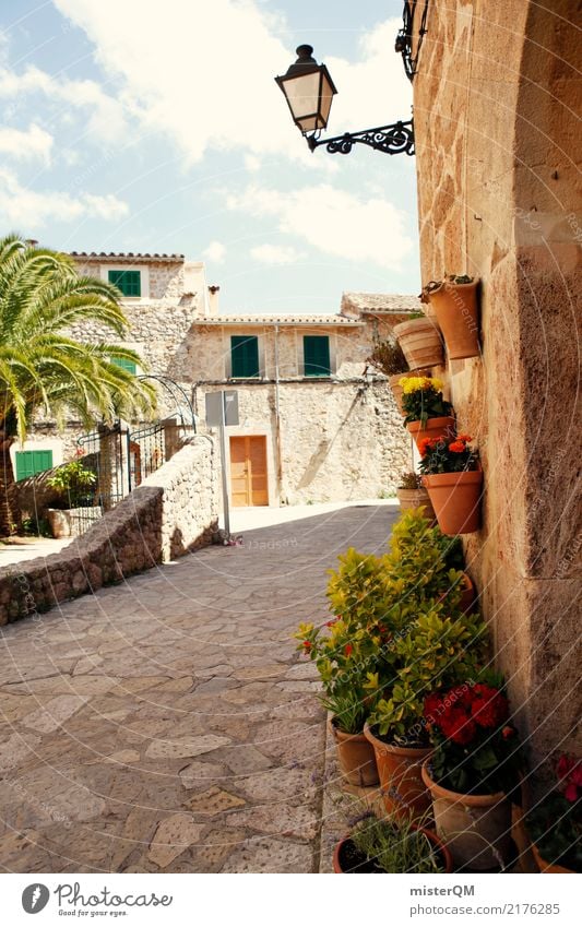 Mallorca Dorf Klima Spanien Straße mediterran Lampe Farbfoto mehrfarbig Menschenleer Tag Starke Tiefenschärfe Totale