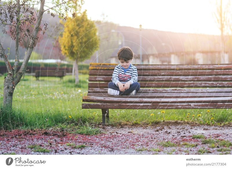 Sad boy sitting in the field Mensch maskulin Kind Kleinkind Junge Kindheit 1 3-8 Jahre Frühling Pflanze Baum Garten Park Denken Fitness sitzen kuschlig Wut