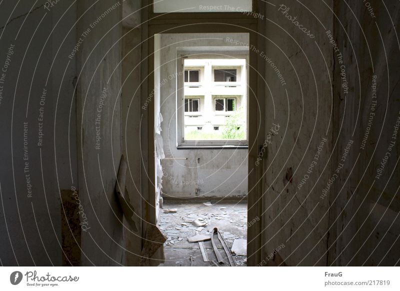 Durchblick Menschenleer Haus Fenster Tür Beton Glas dunkel kaputt chaotisch Endzeitstimmung Ferne Vergänglichkeit Wandel & Veränderung Zerstörung Tag