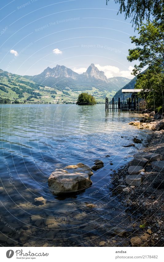 Holzsteg und Felsen am See mit Bergen im Hintergrund Ufer Gipfel Wasser Sonnenlicht Gebirge Landschaft Natur Ruhe Idylle ruhig Himmel Außenaufnahme Seeufer