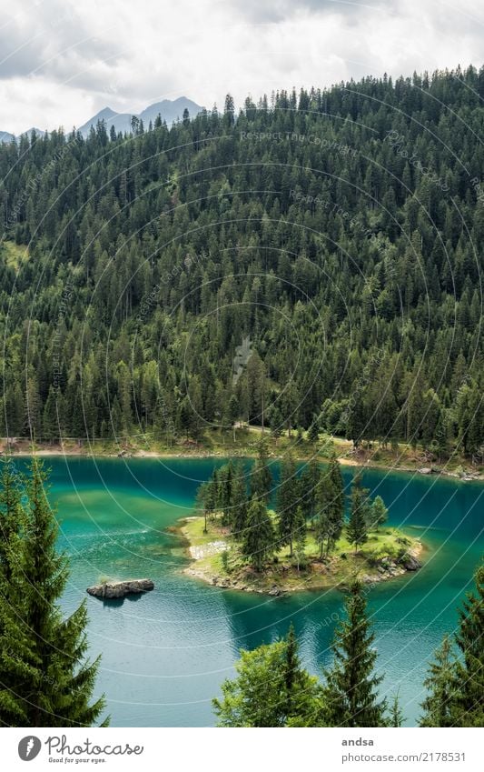 Caumasee See Insel Türkis Wald Berge Hügel Schweiz Paradies Badesee Sommer Berge u. Gebirge Natur Landschaft grün Himmel Wasser Alpen Umwelt Außenaufnahme blau