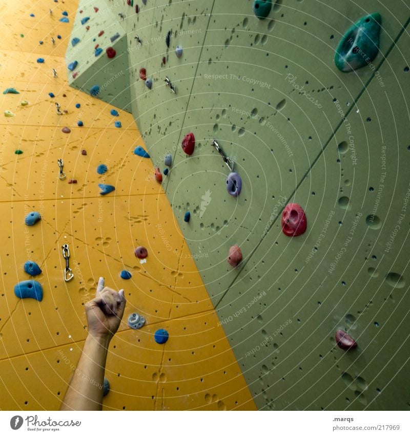 Challenge Freizeit & Hobby Sport Sportstätten Arme Kletterwand eckig hoch gelb grün Perspektive herausfordernd Farbfoto Innenaufnahme Muster Strukturen & Formen