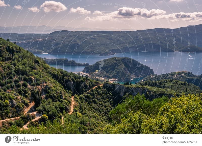 Blick von Angelokastro III Landschaft Wasser Himmel Wolken Horizont Sommer Baum Sträucher Hügel Berge u. Gebirge Küste Korfu Sehenswürdigkeit Wege & Pfade