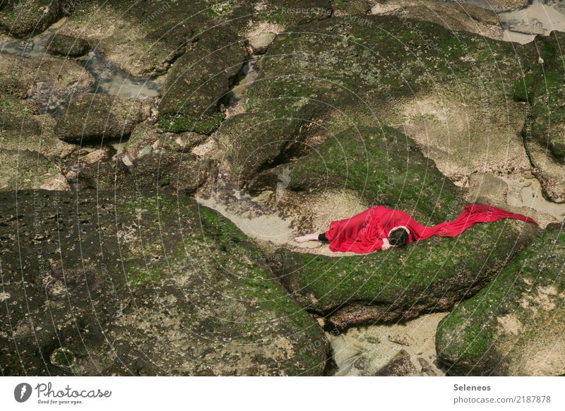 Ruhebett ruhig Strand Meer Mensch feminin Frau Erwachsene 1 Umwelt Natur Landschaft Felsen Küste schlafen Farbfoto Außenaufnahme Ganzkörperaufnahme