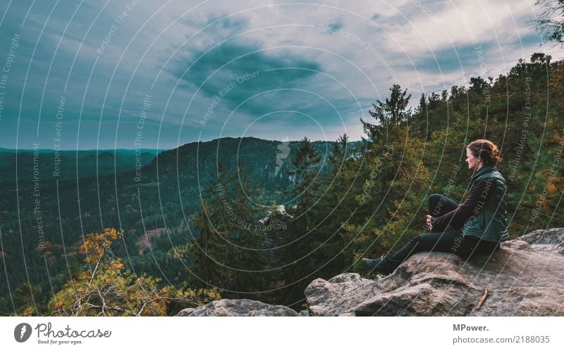 bergidylle Mensch feminin Frau Erwachsene 1 18-30 Jahre Jugendliche Gefühle Gelassenheit ruhig wandern Aussicht Panorama (Aussicht) Sächsische Schweiz sitzen